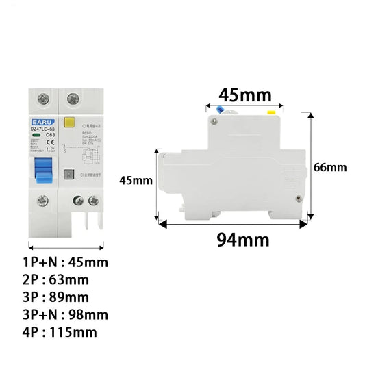 DZ47LE-63 Household Miniature Circuit Breaker 1P/2P/3P/4P Air Switch With Leakage Protector Three-phase Main Gate