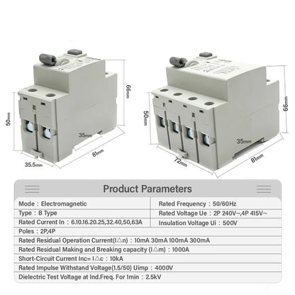 2P/4P 10/30/100/300mA Electric Vehicle EV Charging Pile Residual Current Breaker DC RCCB RCD Type B 6KA Din Rail Earth Leakage