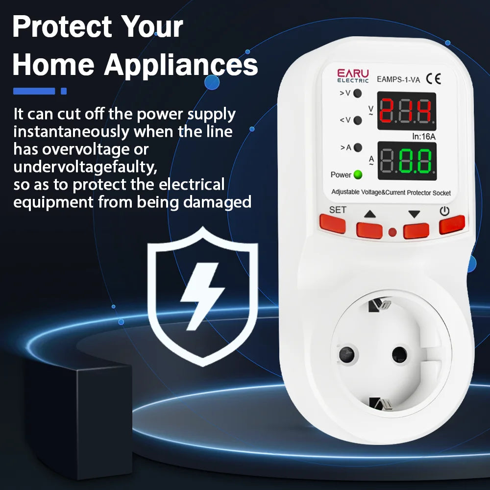 Automatic Voltage Surge Current Limiter Protector EU Socket Plug Adjustable 16A AC 230V 50/60Hz Power Energy Monitor kWh Meter