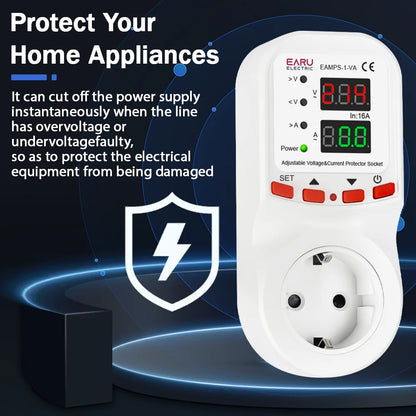 Automatic Voltage Surge Current Limiter Protector EU Socket Plug Adjustable 16A AC 230V 50/60Hz Power Energy Monitor kWh Meter