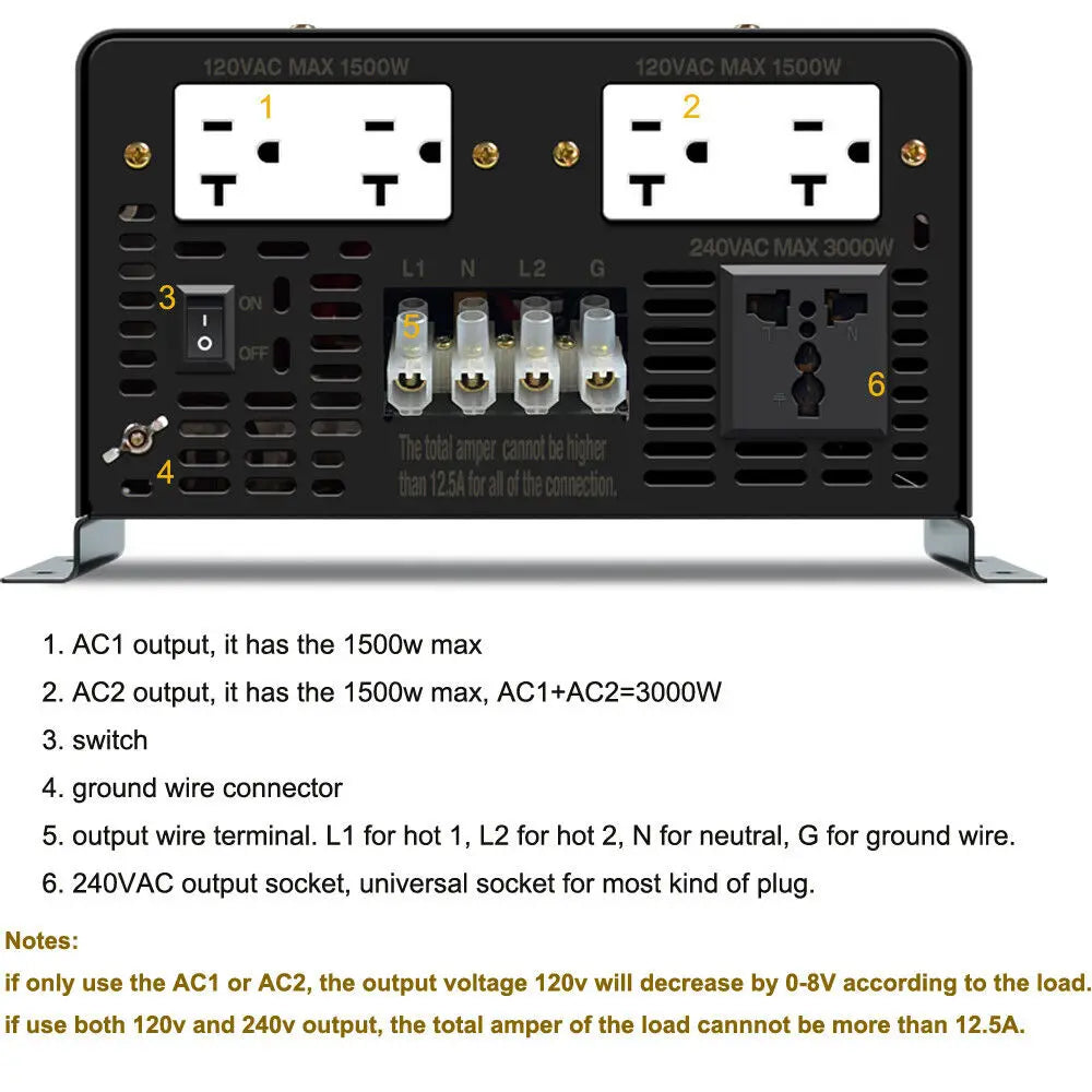 3000W Pure Sine Wave Solar  Inverter 24V 240V Split-phase Power Inverter Generator DC to AC Converter 36V/48V/72V to 220V/240V - 54 Energy - Renewable Energy Store