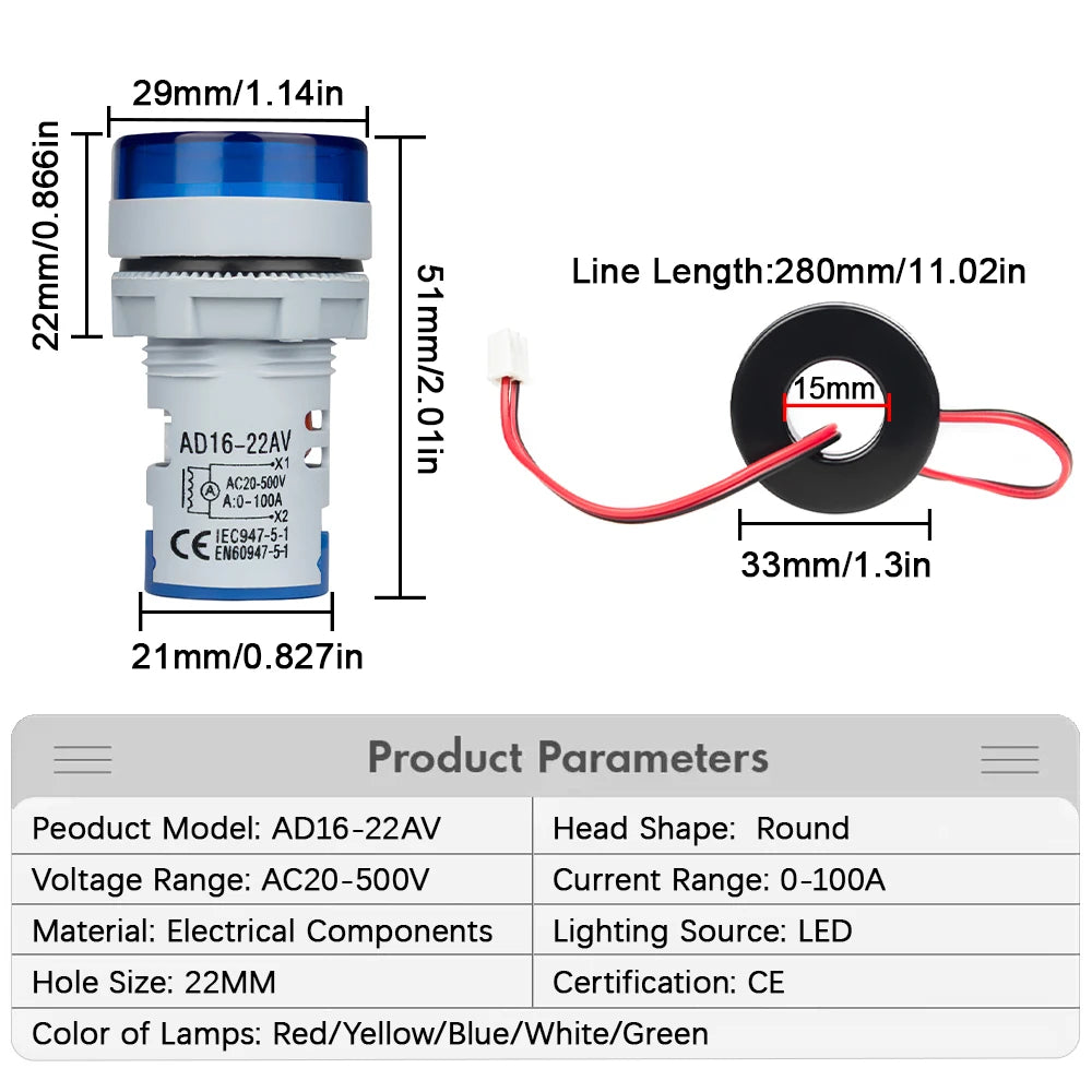 22MM Round LED Mini Digital Voltmeter Ammeter Meter AC 20-500V 0-100A Signal Lights Voltage Current Combo Meter Indicator Tester