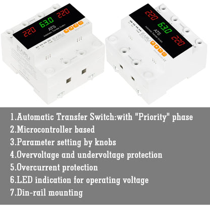 63A 100A 220V ATS Adjustable Over Under Voltage Current Protector Dual Power Conversion Automatic Transfer Switch Monitor Relay