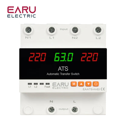 63A 100A 220V ATS Adjustable Over Under Voltage Current Protector Dual Power Conversion Automatic Transfer Switch Monitor Relay