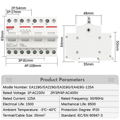 1P 2P 3P 4P 40A 63A 125A Din Rail Modular MTS Dual Power Manual Transfer Switch Isolating Discounnecting Switch Circuit Breaker