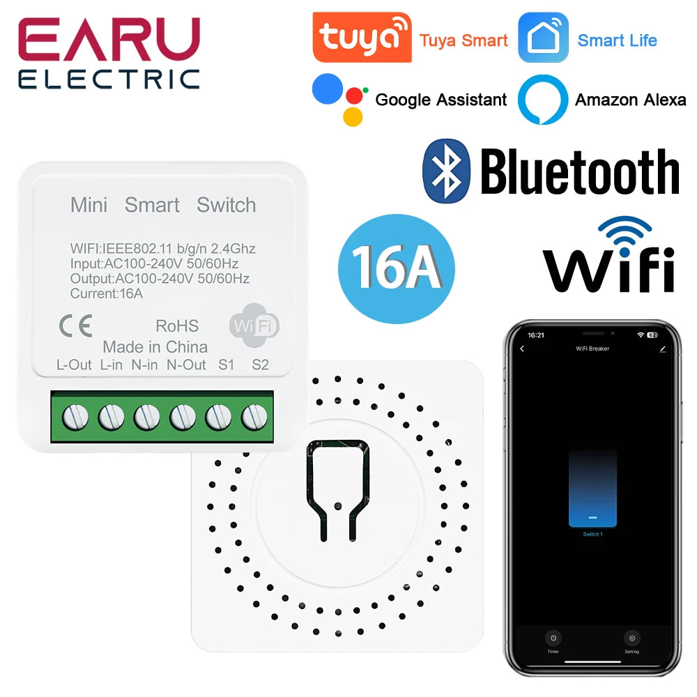 Tuya App 16A 2 Way DIY Mini WiFi Smart Switch Breaker Module Timer Relay Voice Wireless Remote Control for Alexa Google Home