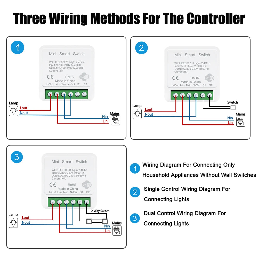Tuya App 16A 2 Way DIY Mini WiFi Smart Switch Breaker Module Timer Relay Voice Wireless Remote Control for Alexa Google Home