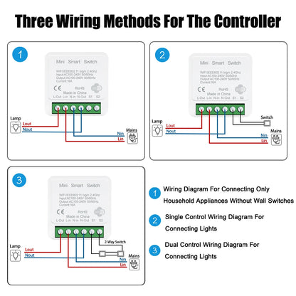 Tuya App 16A 2 Way DIY Mini WiFi Smart Switch Breaker Module Timer Relay Voice Wireless Remote Control for Alexa Google Home