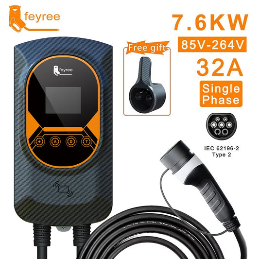 feyree EV Charger Type2 32A EVSE Wallbox with IEC62196-2 Adapter 7.6KW Wallmount Charging Station 5m Cable for Electric Vehicle by 54 Energy - Renewable Energy Store