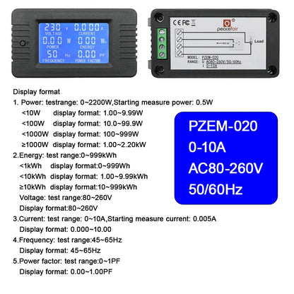 PZEM 5A 10A 100A Battery Capacity Tester AC80-260V 6in1 Voltage Current Power Capacity Meter Resistance Frequency Meter