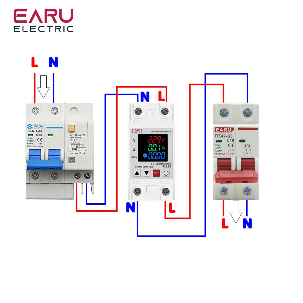 Din Rail Dual Display Adjustable Over Voltage Current and Under Voltage Protective Device Protector Relay 63A 220V 230V KWH