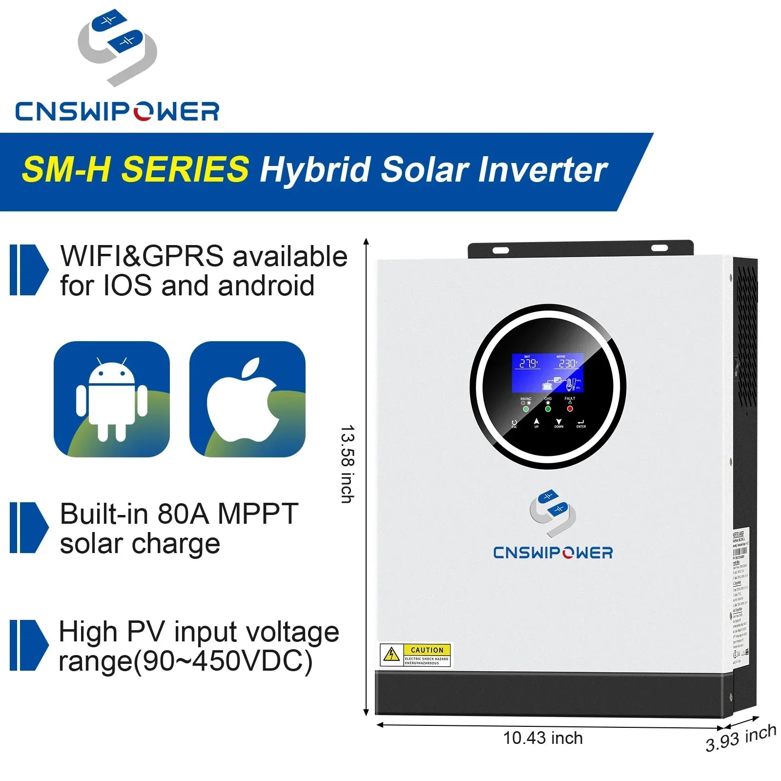 CNSWIPOWER Hybrid solar inverter 24V 220V-240V 3200VA 3000W Built-in 80A MPPT controller LCD screen - 54 Energy - Renewable Energy Store