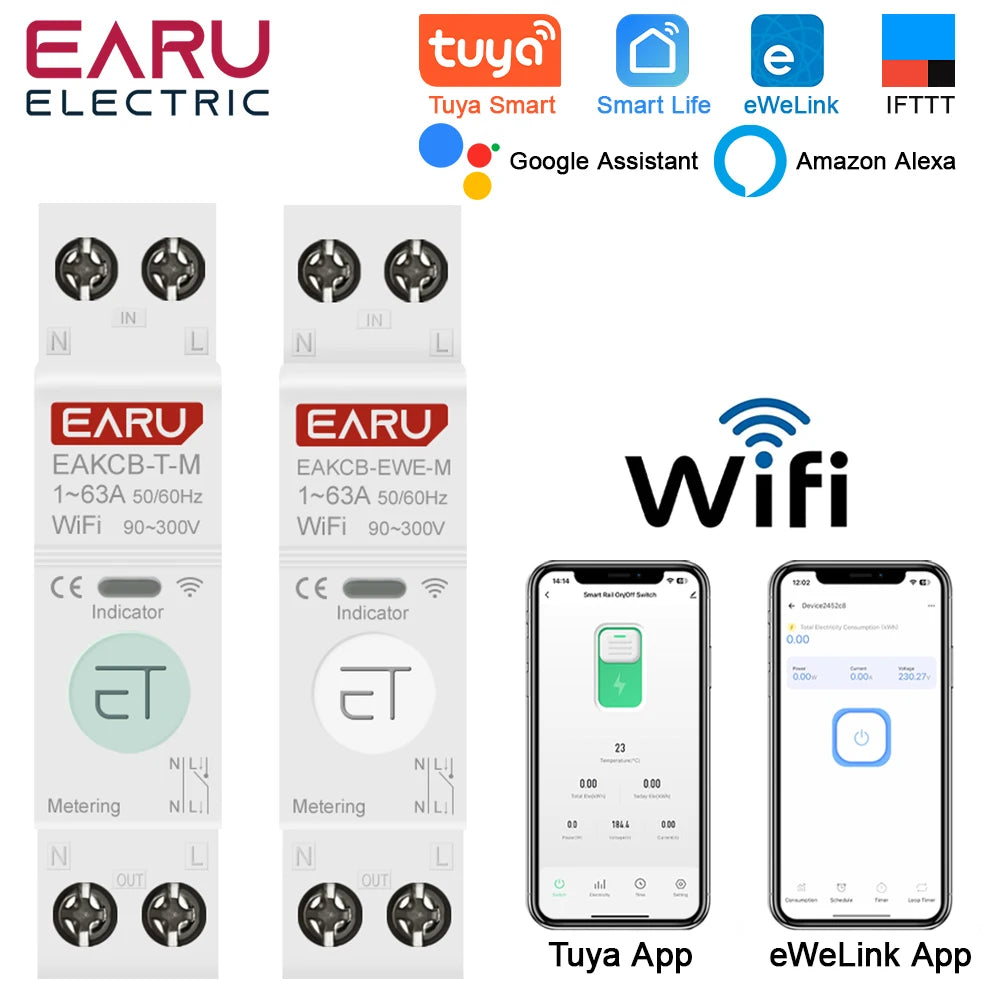 Tuya eWeLink WiFi Smart Circuit Breaker 1P+N 63A MCB Time Relay Switch Energy Meter kWh Voltage Current Protector Remote Control