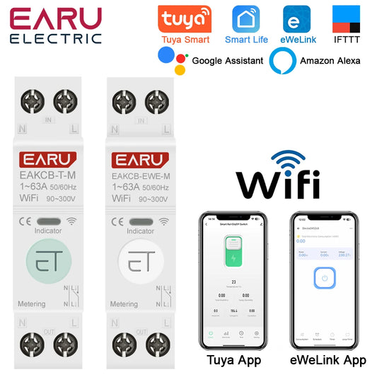 Tuya eWeLink WiFi Smart Circuit Breaker 1P+N 63A MCB Time Relay Switch Energy Meter kWh Voltage Current Protector Remote Control