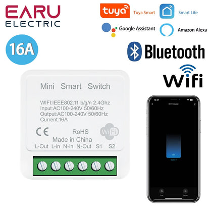 Tuya App 16A 2 Way DIY Mini WiFi Smart Switch Breaker Module Timer Relay Voice Wireless Remote Control for Alexa Google Home