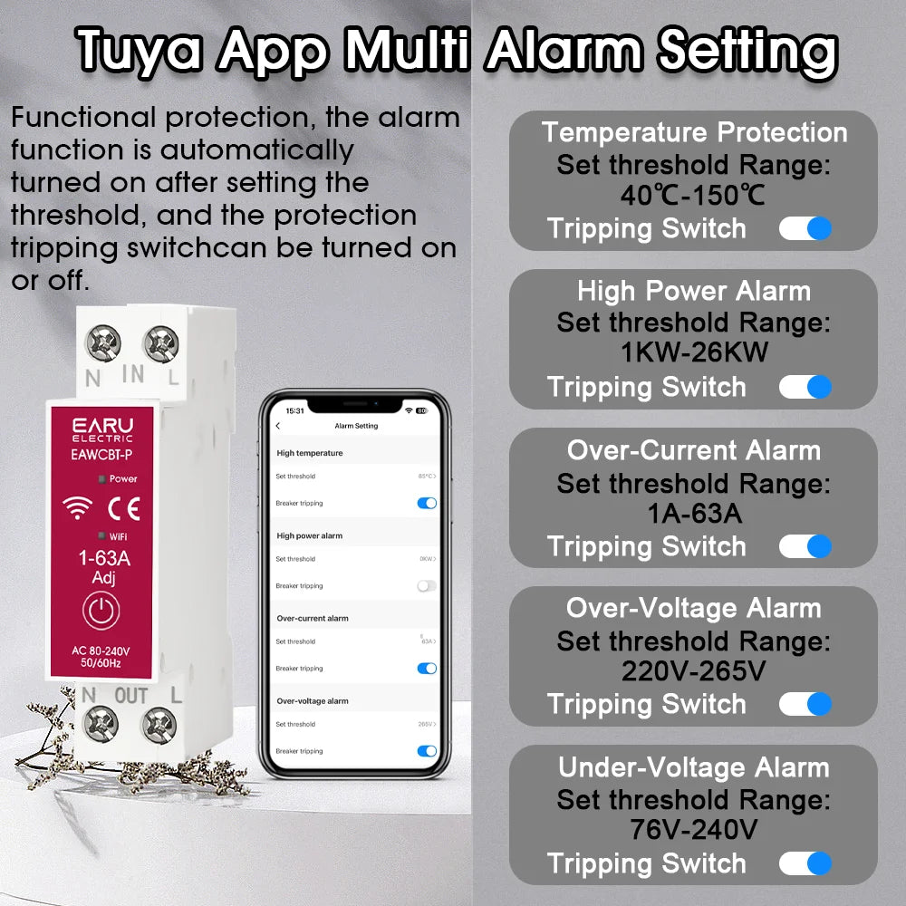 Tuya eWeLink MCB WiFi Smart Circuit Breaker 1P+N 63A Time Relay Switch Energy Meter kWh Voltage Current Protector Remote Control