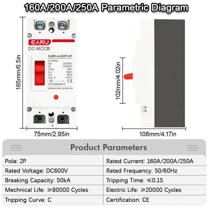 2P DC Solar Molded Case Circuit Breaker MCCB Overload Protection Switch Protector for Solar Photovoltaic PV Battery Isolator
