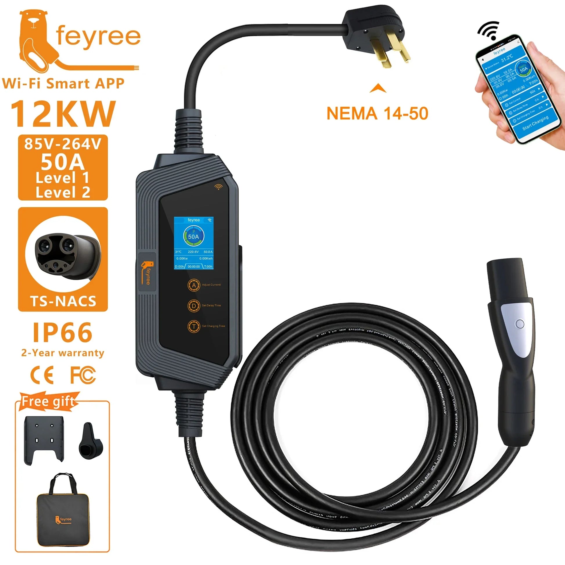 feyree Portable EV Charger TS-NACS Connector 32A up to 50A 12KW High Power EV Wallbox with Smart APP WIFI for All Tesla Models by 54 Energy - Renewable Energy Store