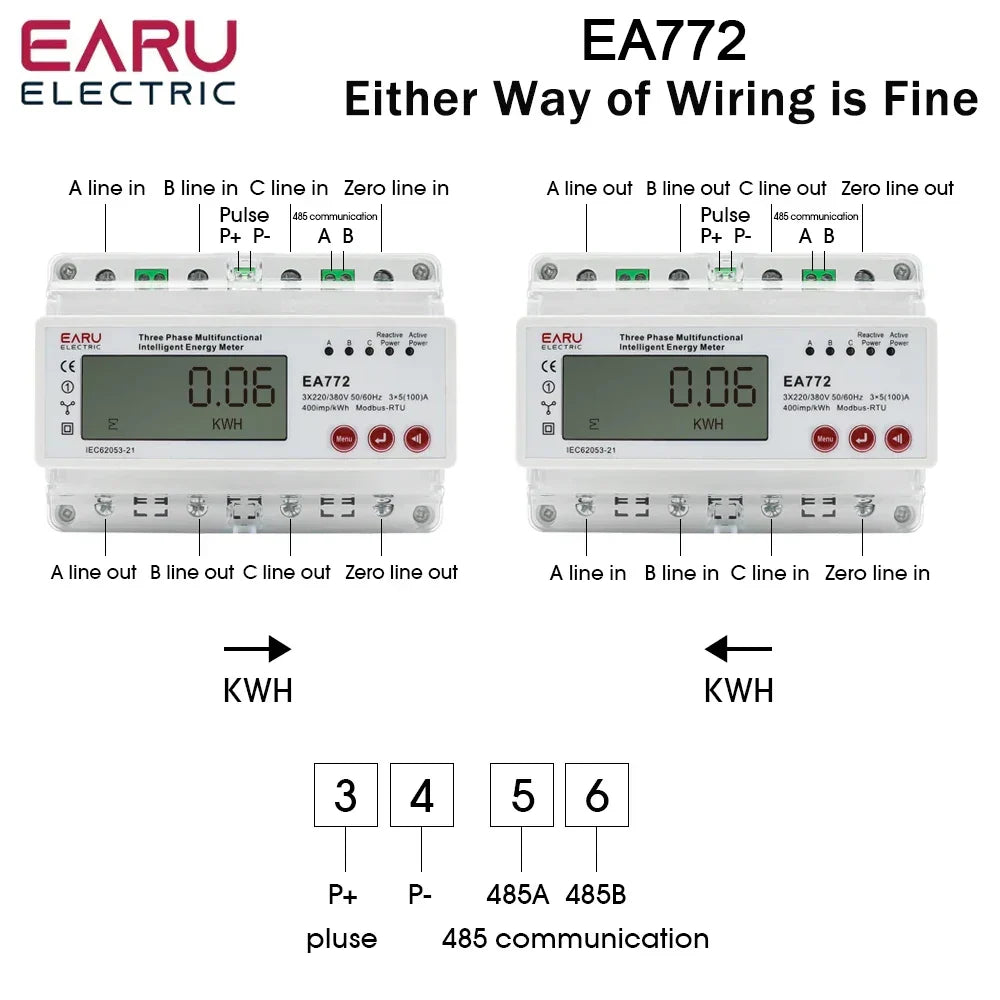 Three Phase Four Wires Eelectronic Active Energy Meter kWh Power Consumption Monitor DIN Rail 50/60Hz 3*5(100)A 50/60Hz  LCD LED