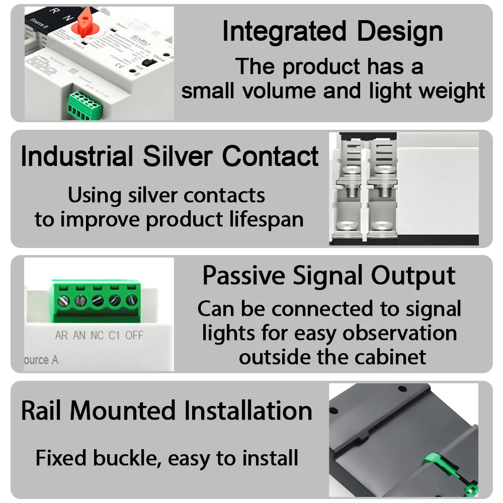 Single Phase Din Rail 2P 125A AC 230V Mini ATS Dual Power Automatic Transfer Electrical Selector Switches Uninterrupted Power