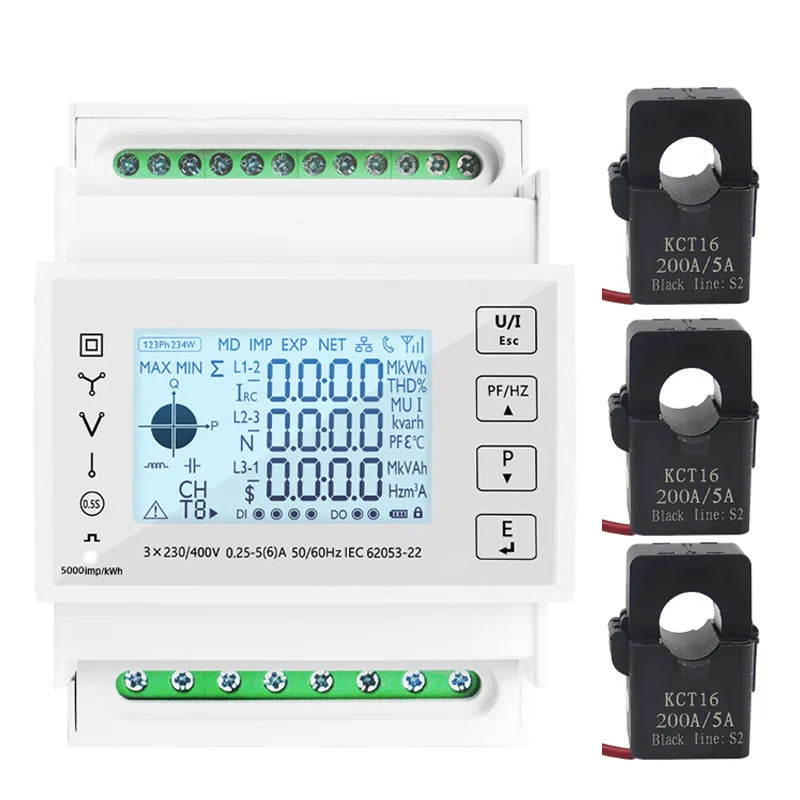 Din Rail 3 Phase Energy Monitor Consumption Power Meter kwh Ammeter With 3PCS RS485 Modbus 50/100/15/200CT 230VAC by 54 Energy - Renewable Energy Store