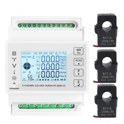 Din Rail 3 Phase Energy Monitor Consumption Power Meter kwh Ammeter With 3PCS RS485 Modbus 50/100/15/200CT 230VAC by 54 Energy - Renewable Energy Store