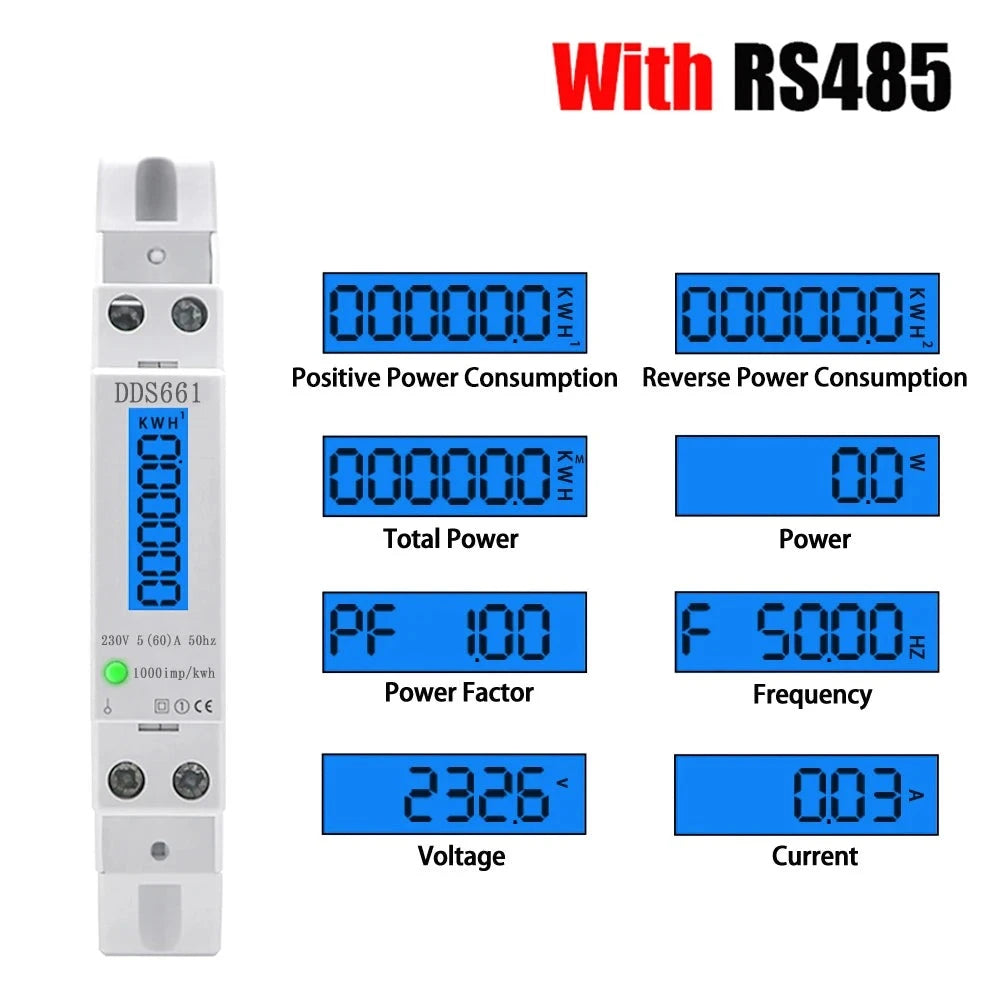 Single Phase Backlight Wattmeter Power LCD Digital Display Consumption Meter KWh 60A 110V 230VAC 50Hz Watt Din Rail Energy Meter by 54 Energy - Renewable Energy Store