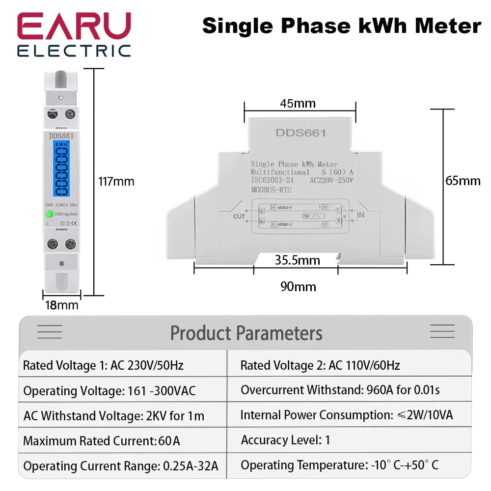 Single Phase Backlight Wattmeter Power LCD Digital Display Consumption Meter KWh 60A 110V 230VAC 50Hz Watt Din Rail Energy Meter by 54 Energy - Renewable Energy Store