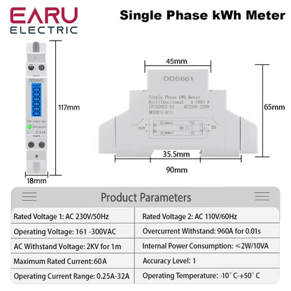 Single Phase Backlight Wattmeter Power LCD Digital Display Consumption Meter KWh 60A 110V 230VAC 50Hz Watt Din Rail Energy Meter by 54 Energy - Renewable Energy Store