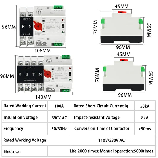 Single Phase Din Rail ATS PV 2P 4P 100A AC 110V 220V Dual Power Automatic Transfer Electrical Selector Switches Uninterrupted by 54 Energy - Renewable Energy Store