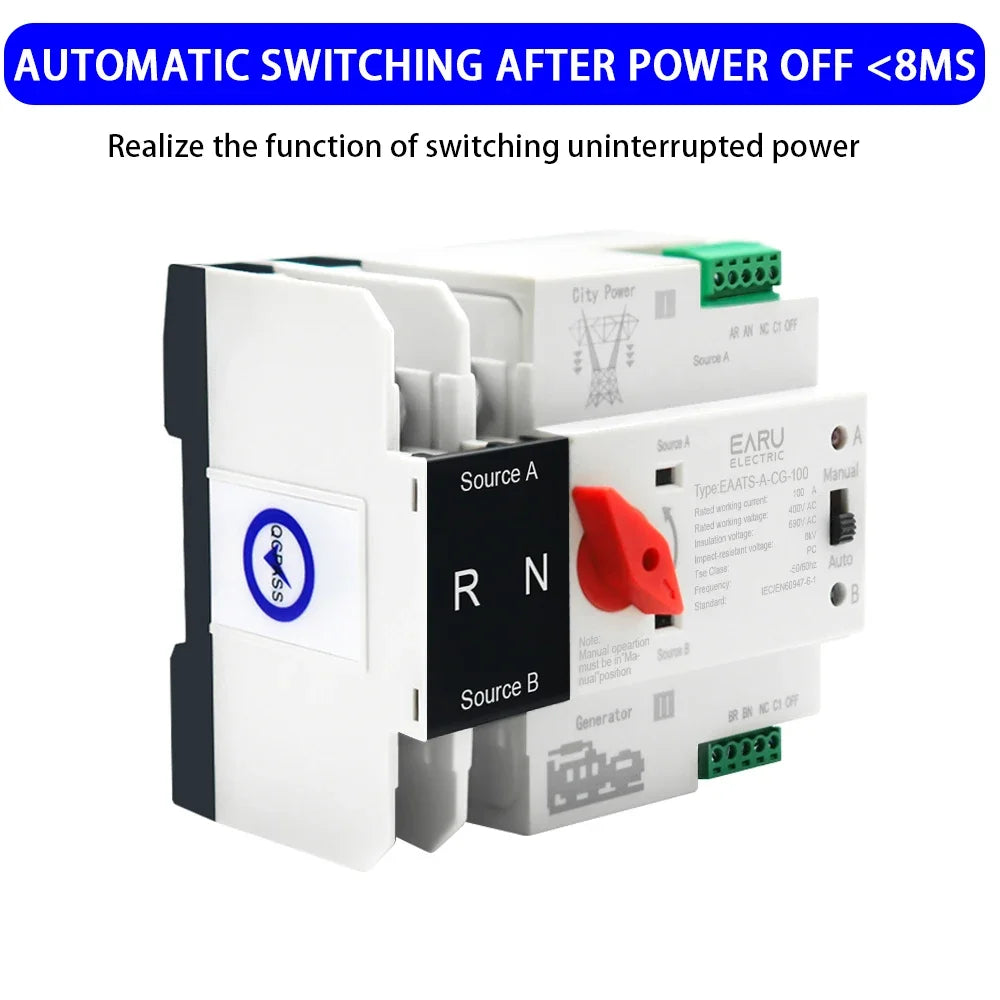 Single Phase Din Rail ATS PV 2P 4P 100A AC 110V 220V Dual Power Automatic Transfer Electrical Selector Switches Uninterrupted by 54 Energy - Renewable Energy Store