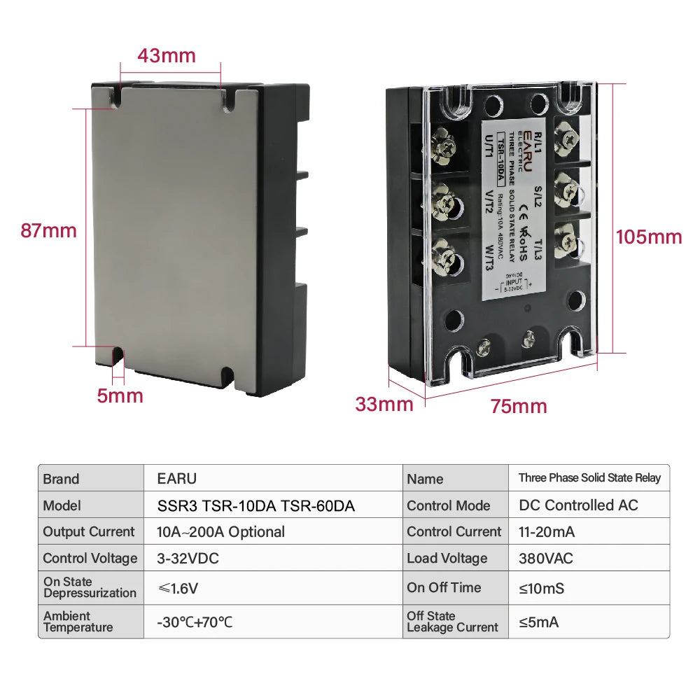 TSR SSR-10DA SSR-40DA SSR 25A 60A 80A 100A Three Phase SSR Solid State Relay DC Control AC 480V 5-32V Input Aluminum Heatsink by 54 Energy - Renewable Energy Store