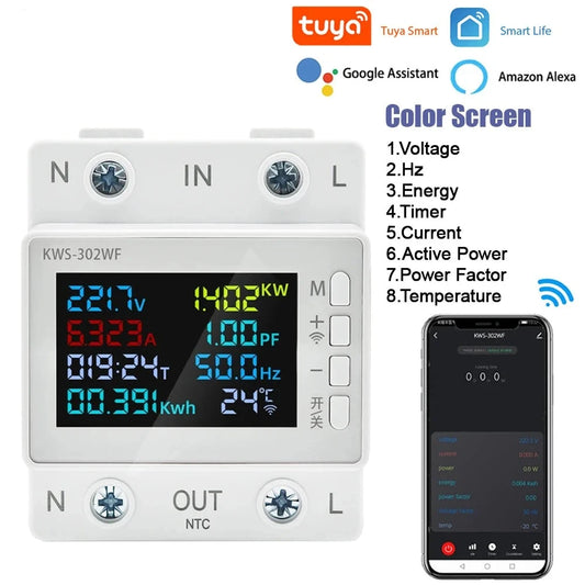 TUYA WiFi Smart Power Meter Over Under Voltage Protection Relay Switch Circuit Breaker Energy kWh Temperature Meter Smart Life by 54 Energy - Renewable Energy Store