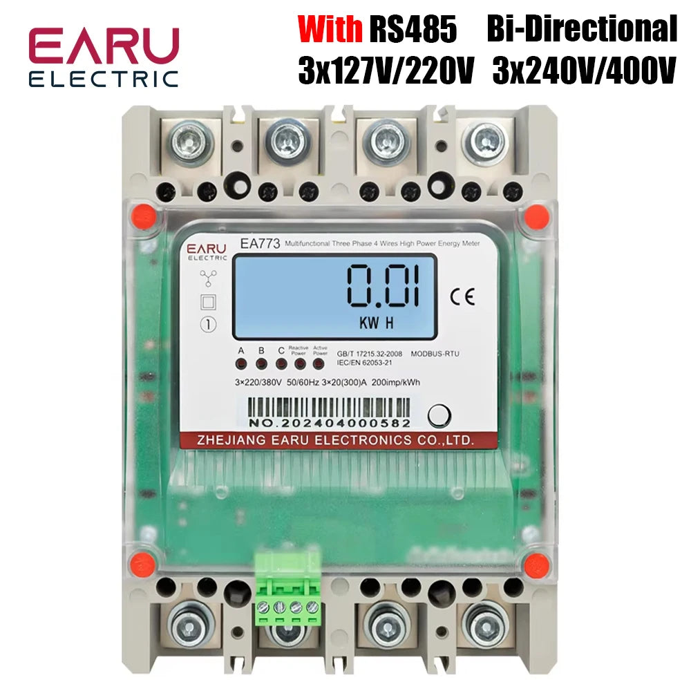 Compteur d'énergie multifonctionnel triphasé 4 fils 300A 3*220V/380V à câblage direct, avec affichage rétroéclairé et RS485, pour charges élevées.