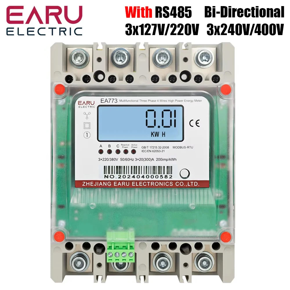 Compteur d'énergie multifonctionnel triphasé 4 fils 300A 3*220V/380V à câblage direct, avec affichage rétroéclairé et RS485, pour charges élevées.