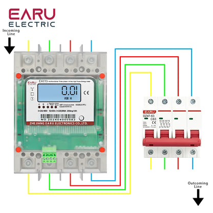 Compteur d'énergie multifonctionnel triphasé 4 fils 300A 3*220V/380V à câblage direct, avec affichage rétroéclairé et RS485, pour charges élevées.
