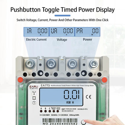 Compteur d'énergie multifonctionnel triphasé 4 fils 300A 3*220V/380V à câblage direct, avec affichage rétroéclairé et RS485, pour charges élevées.