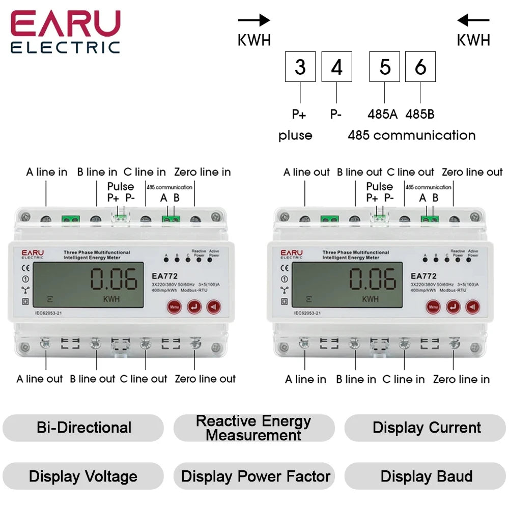 Compteur d'énergie active électronique triphasé à quatre fils kWh Moniteur de consommation électrique Rail DIN 50/60Hz 3*5(100)A 50/60Hz LCD LED