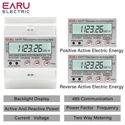 Compteur d'énergie active électronique triphasé à quatre fils kWh Moniteur de consommation électrique Rail DIN 50/60Hz 3*5(100)A 50/60Hz LCD LED