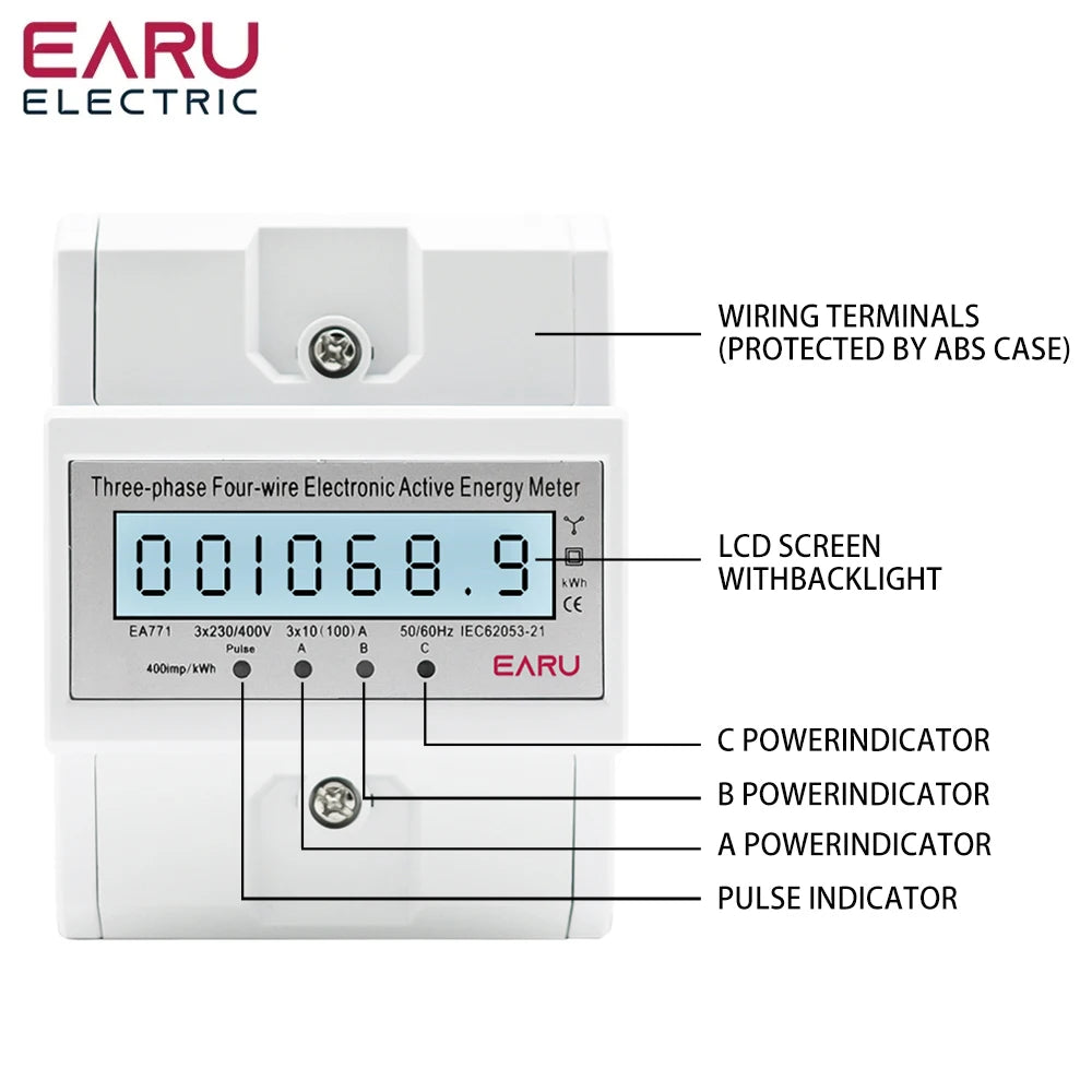 Compteur d'énergie active électronique triphasé à quatre fils kWh Moniteur de consommation électrique Rail DIN 50/60Hz 3*5(100)A 50/60Hz LCD LED