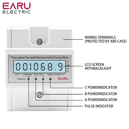 Compteur d'énergie active électronique triphasé à quatre fils kWh Moniteur de consommation électrique Rail DIN 50/60Hz 3*5(100)A 50/60Hz LCD LED