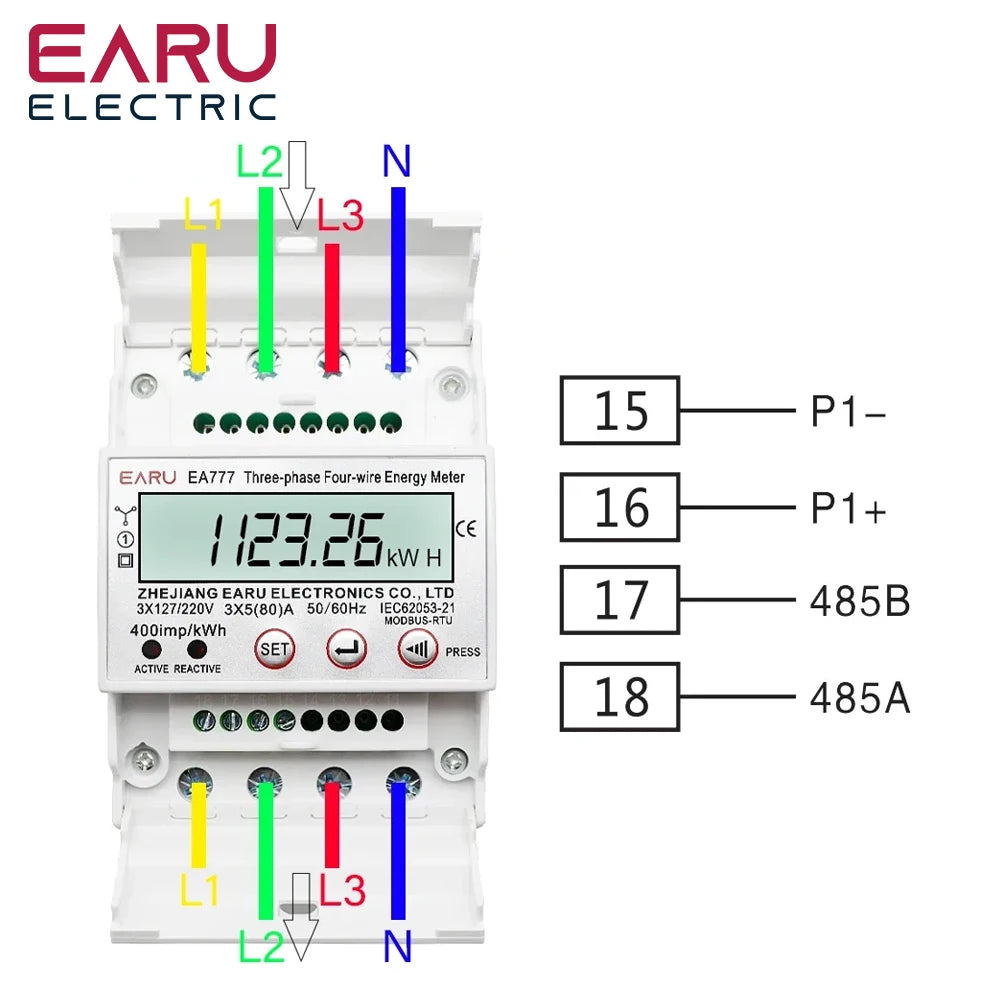 Compteur d'énergie active électronique triphasé à quatre fils kWh Moniteur de consommation électrique Rail DIN 50/60Hz 3*5(100)A 50/60Hz LCD LED