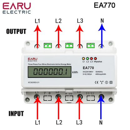 Compteur d'énergie active électronique triphasé à quatre fils kWh Moniteur de consommation électrique Rail DIN 50/60Hz 3*5(100)A 50/60Hz LCD LED