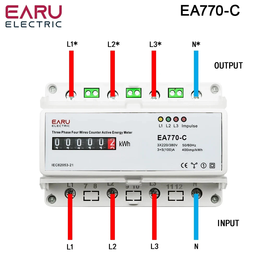 Compteur d'énergie active électronique triphasé à quatre fils kWh Moniteur de consommation électrique Rail DIN 50/60Hz 3*5(100)A 50/60Hz LCD LED