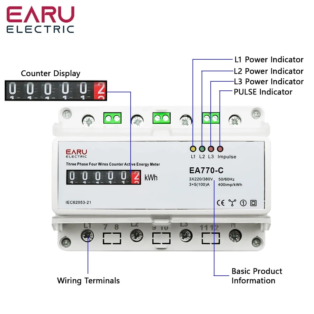 Compteur d'énergie active électronique triphasé à quatre fils kWh Moniteur de consommation électrique Rail DIN 50/60Hz 3*5(100)A 50/60Hz LCD LED