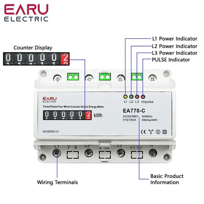Compteur d'énergie active électronique triphasé à quatre fils kWh Moniteur de consommation électrique Rail DIN 50/60Hz 3*5(100)A 50/60Hz LCD LED