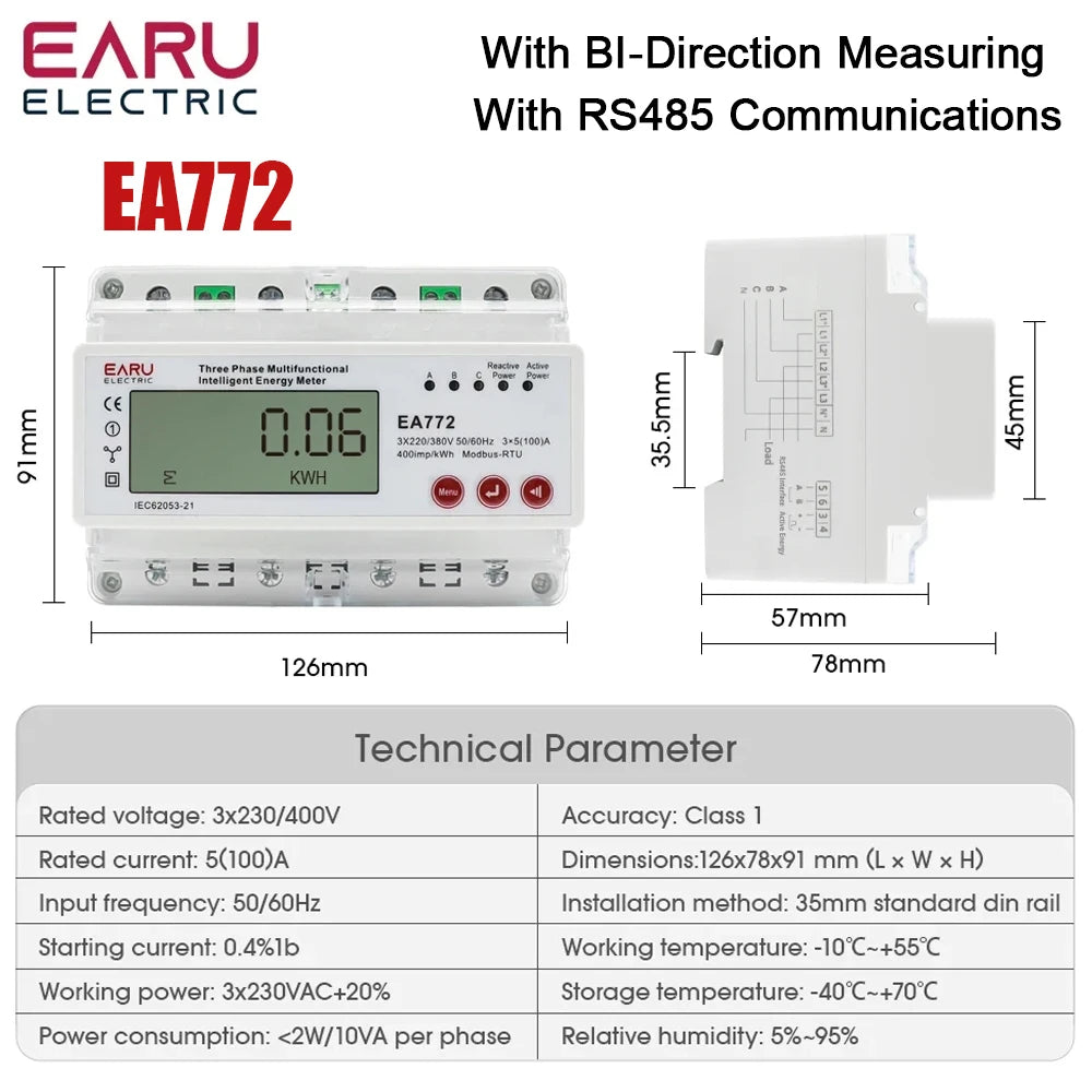 Compteur d'énergie active électronique triphasé à quatre fils kWh Moniteur de consommation électrique Rail DIN 50/60Hz 3*5(100)A 50/60Hz LCD LED