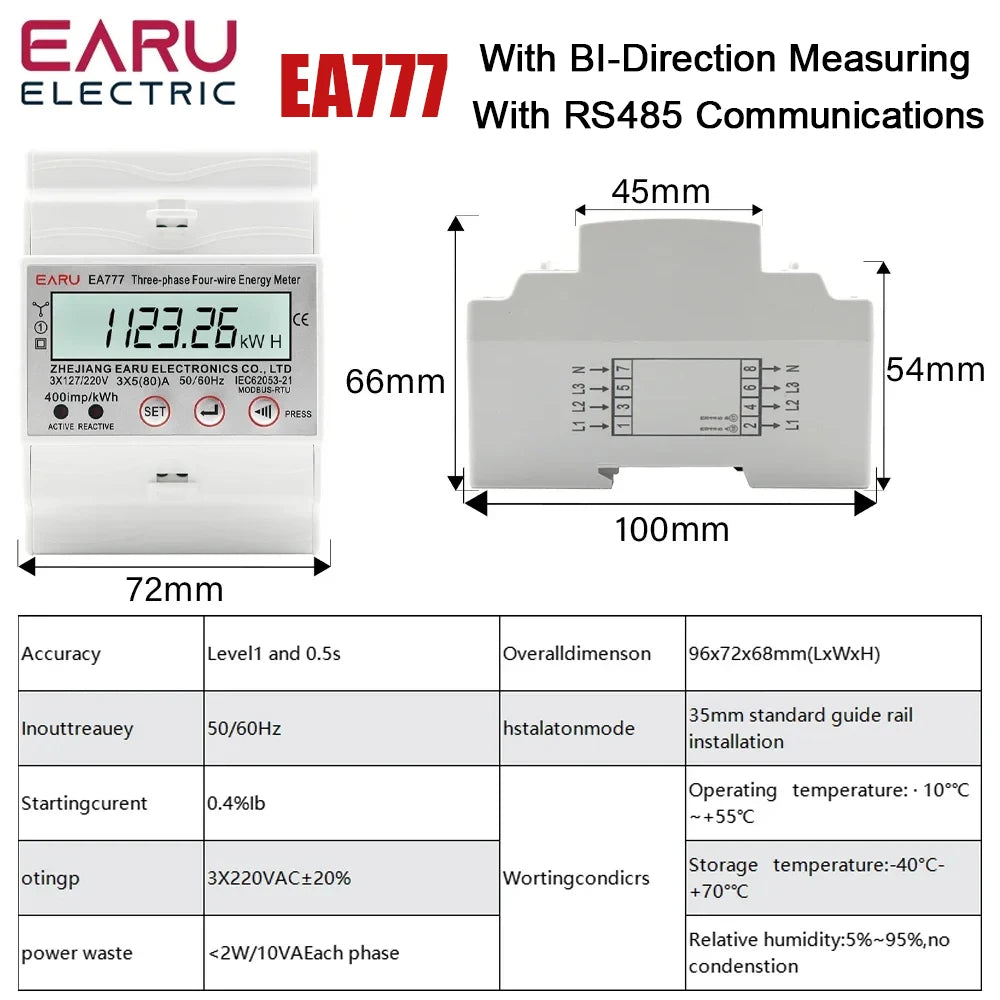 Compteur d'énergie active électronique triphasé à quatre fils kWh Moniteur de consommation électrique Rail DIN 50/60Hz 3*5(100)A 50/60Hz LCD LED