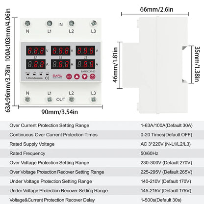 Relé Protector de Sobre/Bajo Voltaje y Corriente Ajustable Trifásico 3*220V 380V 63A 100A para Riel DIN