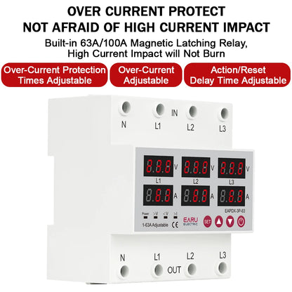 Relé Protector de Sobre/Bajo Voltaje y Corriente Ajustable Trifásico 3*220V 380V 63A 100A para Riel DIN